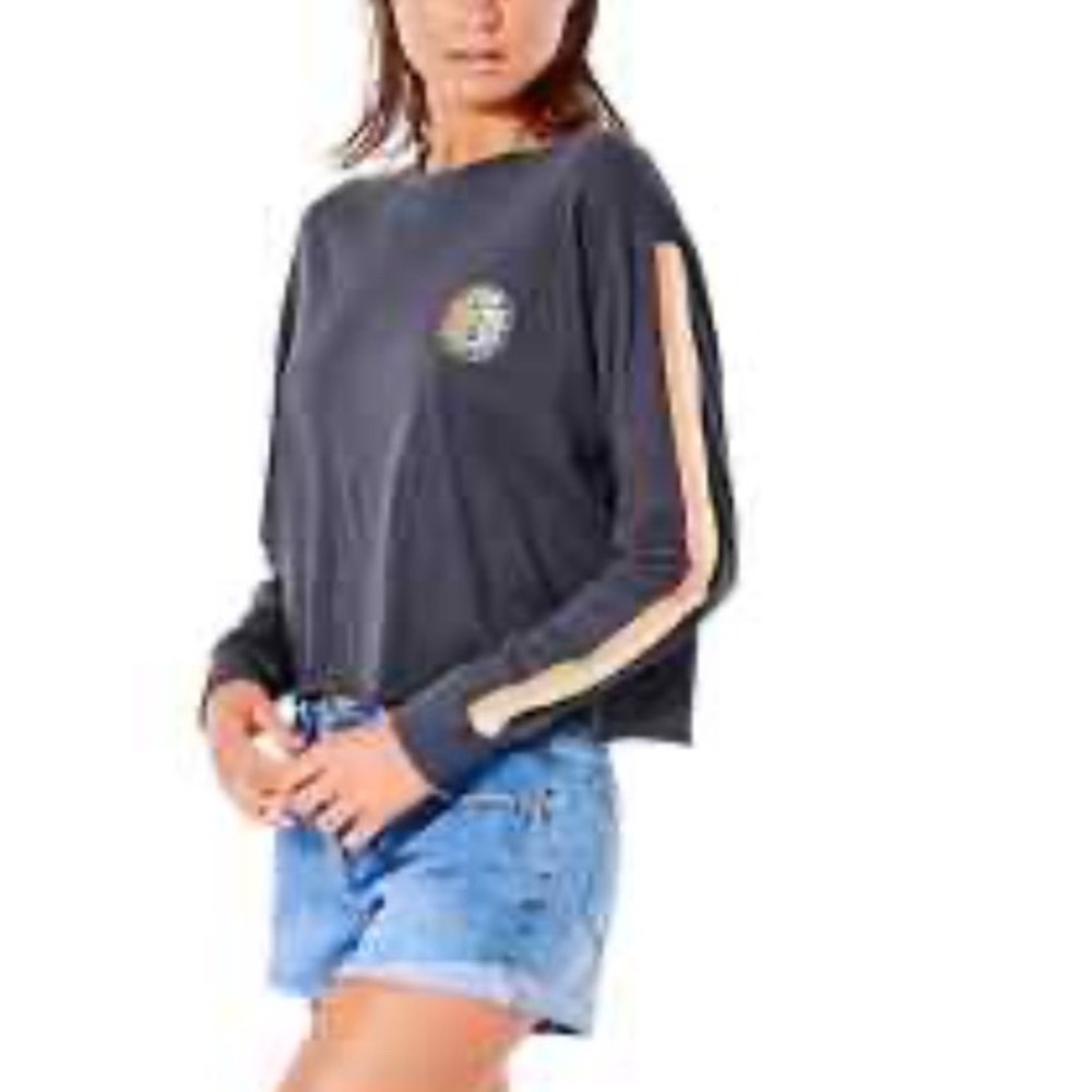 Rip Curl Womens Navy Blue Rainbow Stripe Long Sleeve Crop Top XS Palm Tree Retro
